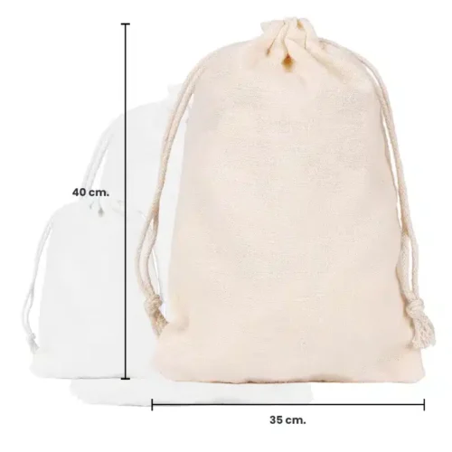 Bolsas de Tela Tocuyo con cordón ajustable en Gamarra personalizadas, con medidas, colores, al por mayor