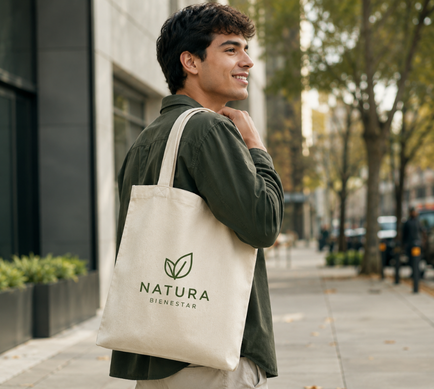 Persona utilizando tote bag de tela color natural personalizada