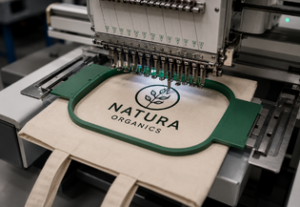 proceso de personalizacion bordado textil de bolsas de algodon con logo